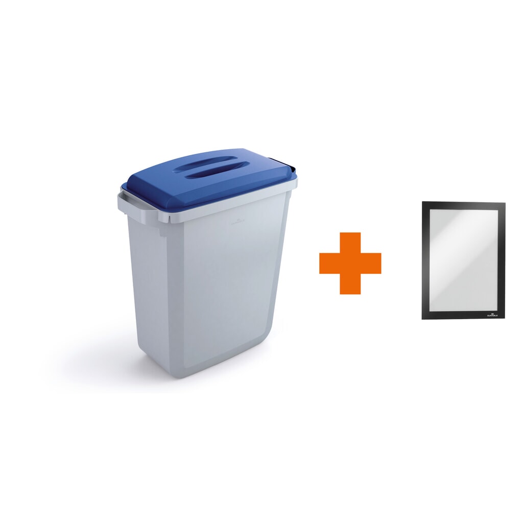 DURABLE Abfallbehälter DURABIN® 60L mit Deckel + Info-Rahmen DURAFRAME®, blau Produktabbildung: DURABLE Abfallbehälter DURABIN® 60L mit Deckel + Info-Rahmen DURAFRAME®, blau