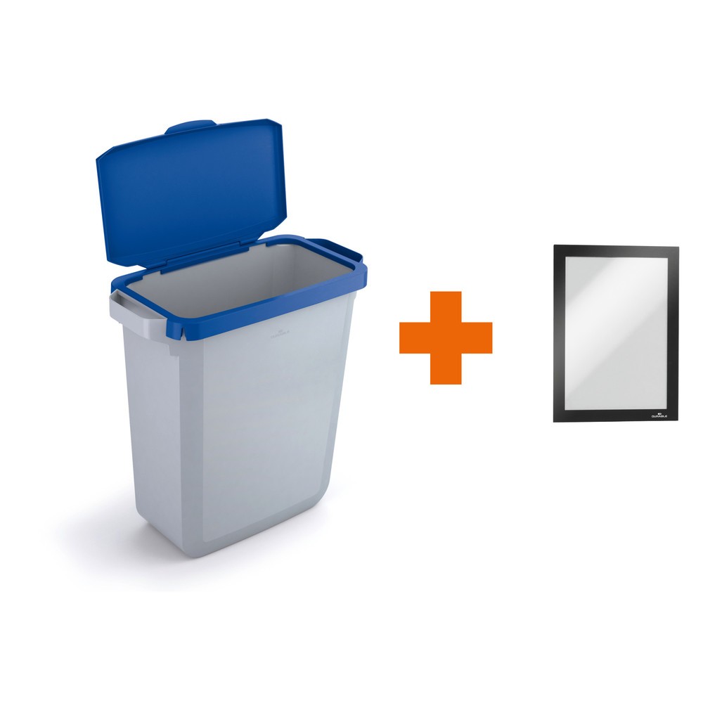 Produktabbildung: DURABLE Abfallbehälter DURABIN® 60L mit Klappdeckel + Info-Rahmen DURAFRAME®, blau