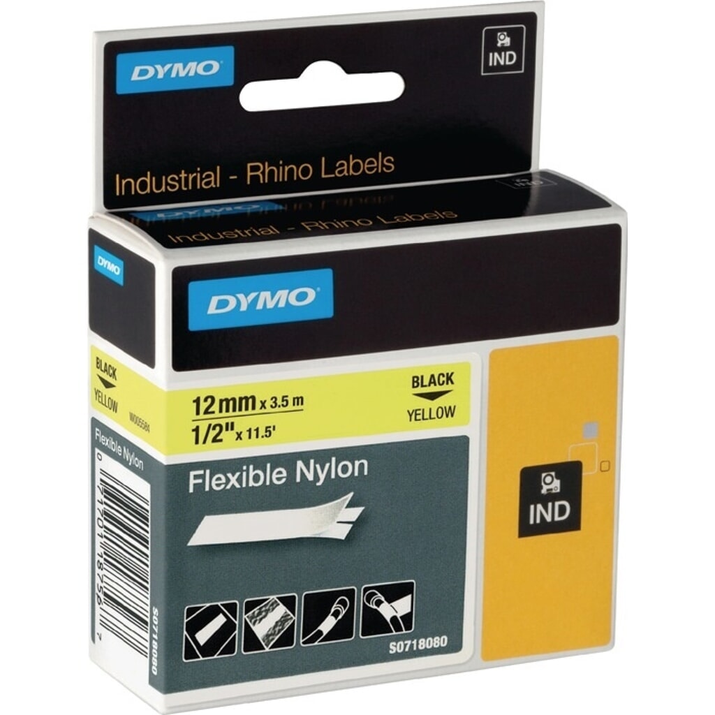Produktabbildung: DYMO Schriftband, flexibles Nylonband, Bandbreite 12 mm Bandlänge 3,5 m, schwarz auf weiß