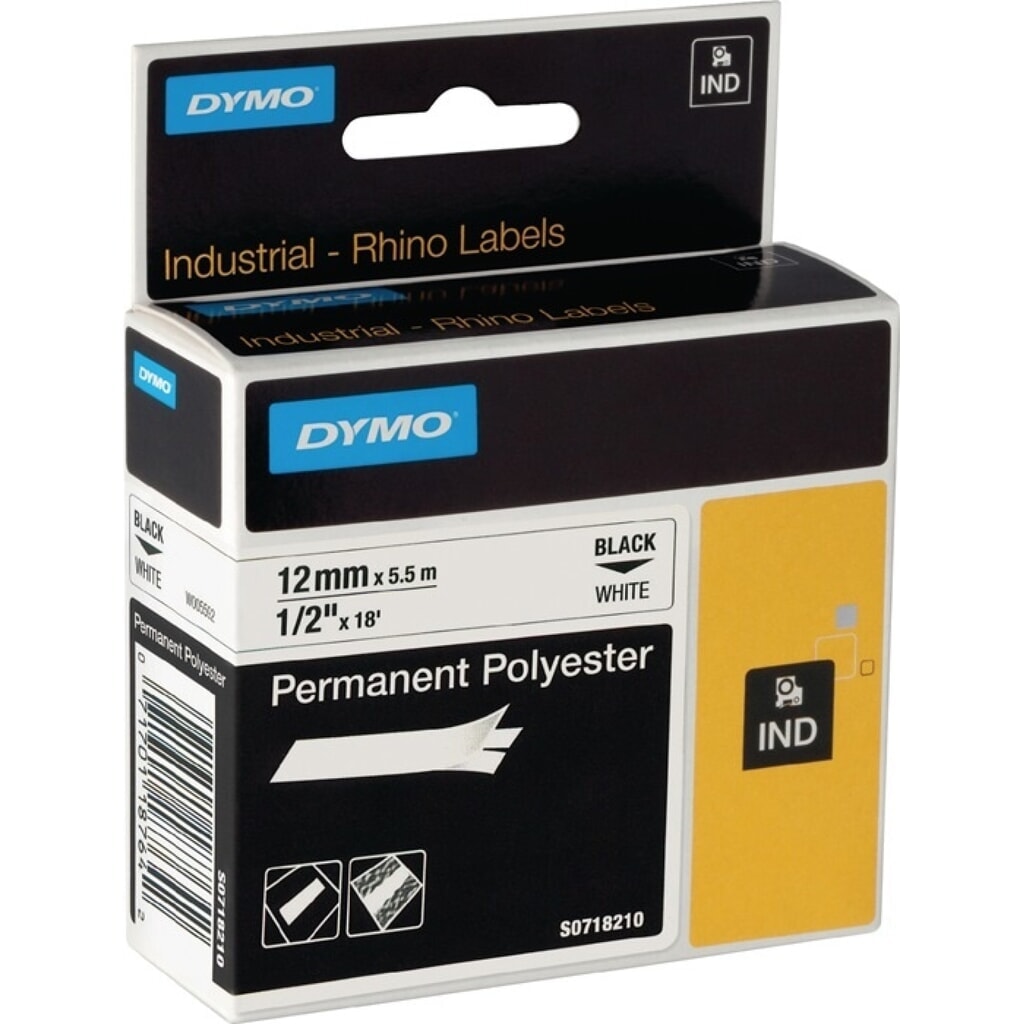 Produktabbildung: DYMO Schriftband, permanentes Polyesterband, Bandbreite 12 mm Bandlänge 5,5 m, schwarz auf weiß