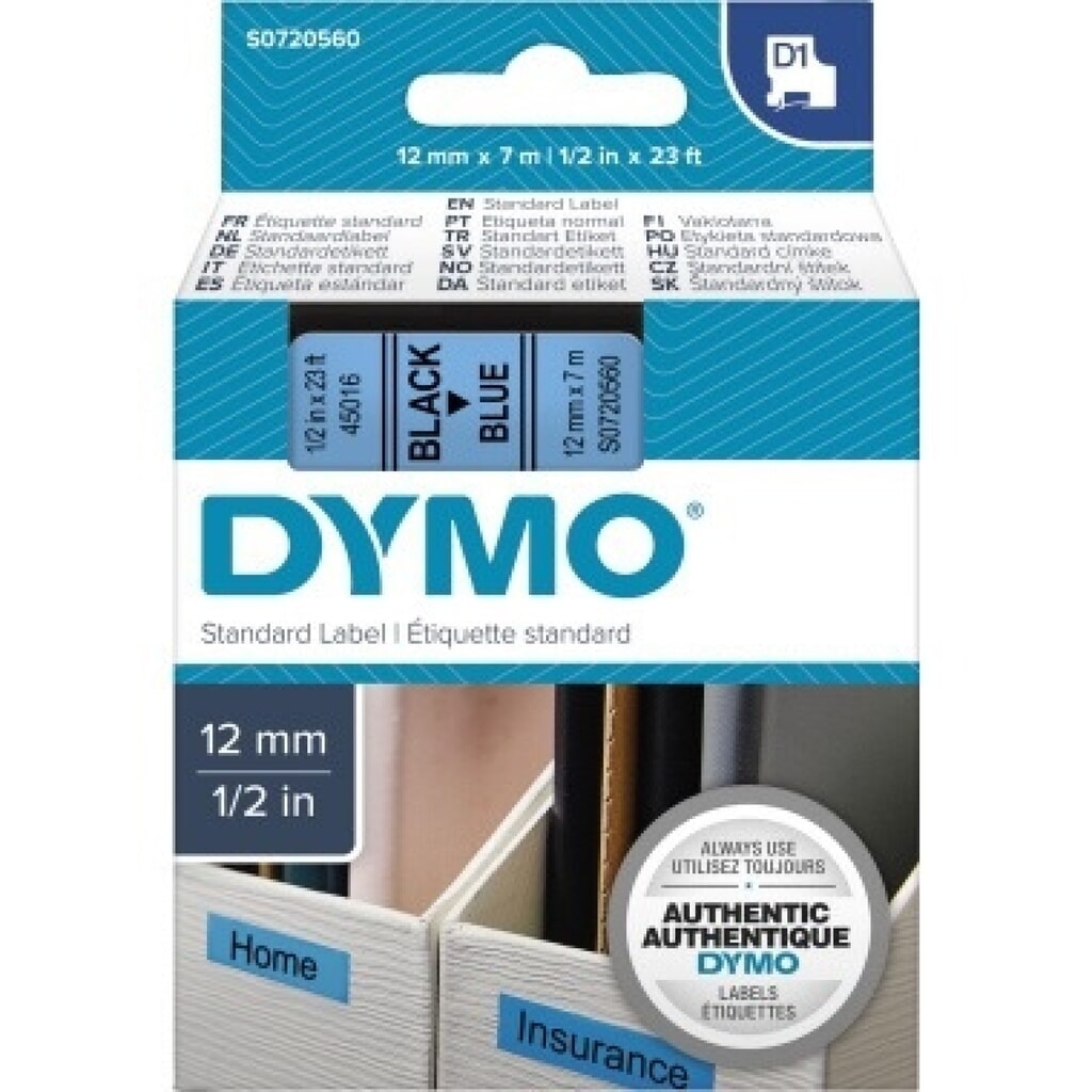 DYMO Schriftbandkassette D1 S0720560 12mmx7m sw auf bl Produktabbildung: DYMO Schriftbandkassette D1 S0720560 12mmx7m sw auf bl