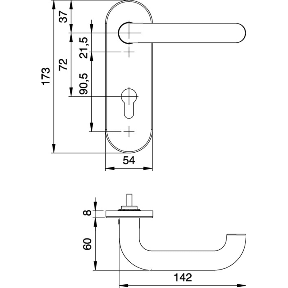 Produktabbildung Nr. 2: EDI Feuerschutzgarnitur Targa/K FS 103/103, für Türstärke 38-58 mm PZ abgerundet, Edelstahl F00 D/D, DIN links / rechts