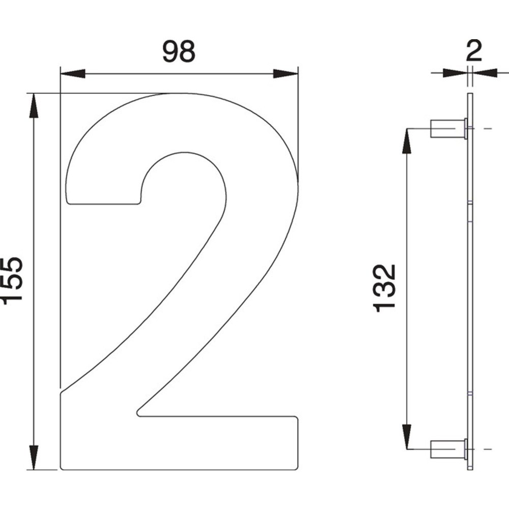 Produktabbildung: EDI Hausnummer Ziffer 2, 150 mm Breite 98 mm, Edelstahl matt