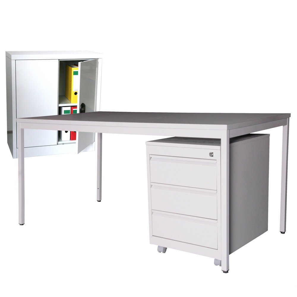 Produktabbildung: Einrichtungs-Set, Schreibtisch LxB 1.600 x 800 mm inkl. Rollcontainer + Beistellschrank HxB 900 x 800 mm, lichtgrau