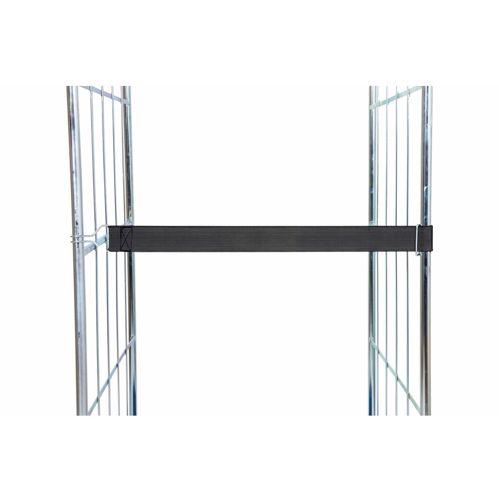 Produktabbildung: Elastikspannband für rolltainer® Rollbehälter, schwarz, Blind Logo, 1 Drahthaken, 1 Drahtöse