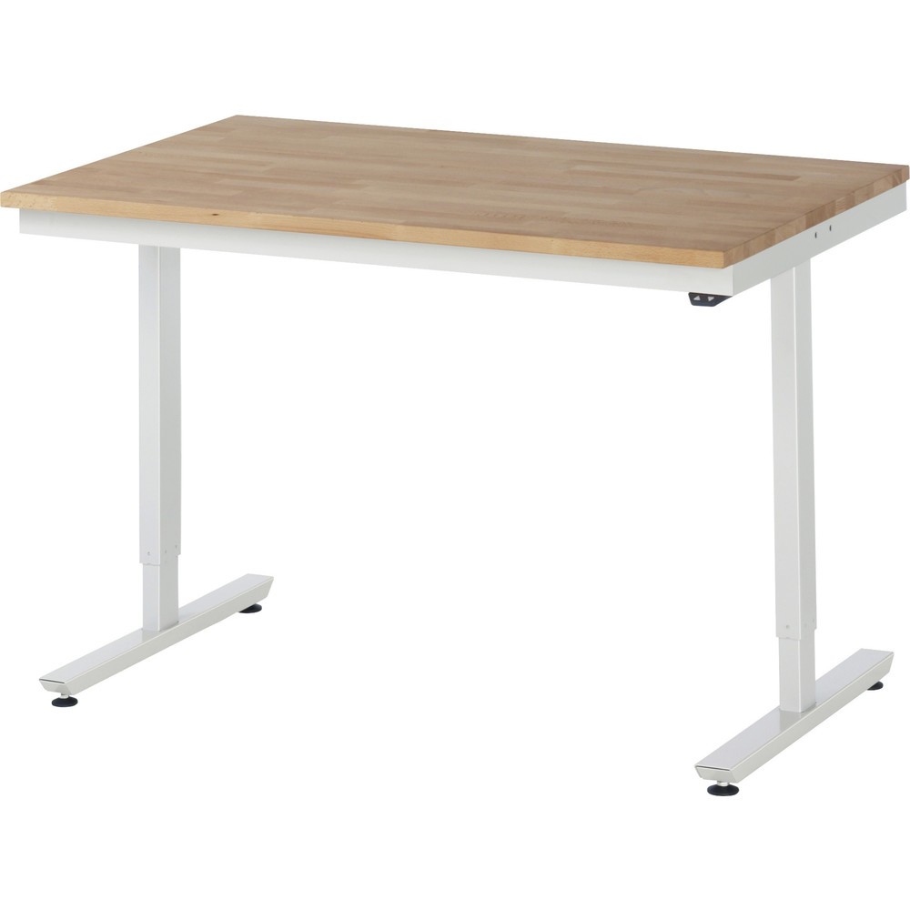 Obrázok výrobku: Elektrický, výškovo nastaviteľný pracovný stôl RAU série adlatus 300, v × š × h 720 – 1 120 × 1 250 × 800 mm, pracovná doska z bukového masívu