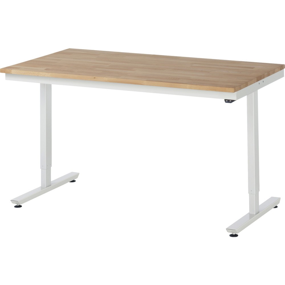 Obrázok výrobku: Elektrický, výškovo nastaviteľný pracovný stôl RAU série adlatus 300, v × š × h 720 – 1 120 × 1 500 × 800 mm, pracovná doska z bukového masívu