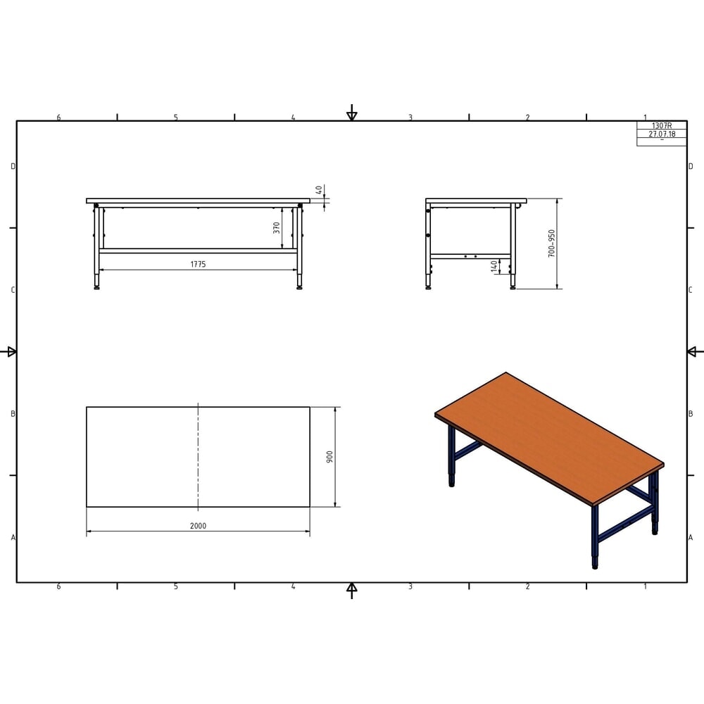Productafbeelding nr. 3: DAHMEN handmatig in hoogte verstelbare paktafel Multiplex, enkelzijdig, hxbxd 710-960 x 2.000 x 900 mm