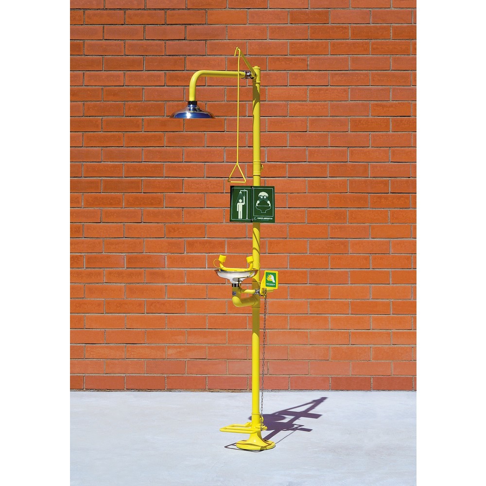 Produktabbildung: Erbstößer® Körper-/Augendusche-Kombination mit Auffangbecken, DIN EN 15154-1/-2/-5, Standmodell, Edelstahl-Duschkopf/-Auffangbecken, Pedalbetätigung für Augendusche