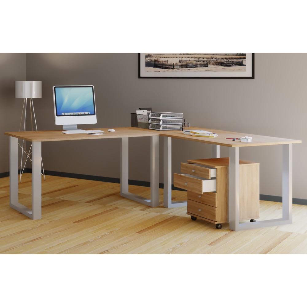 Número de imagen del producto 2: Escritorio de oficina en esquina VCM Lona, patas en U, tableros de mesa BxT 1.100 x 800 y 1.100 x 800 mm, roble Sonoma/plata