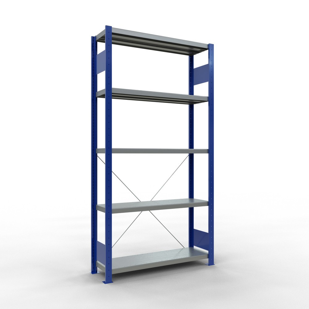 Número de imagen del producto 1: Estantería de cargas pequeñas SCHULTE azul genciana/galvanizada con 5 estantes de chapa de acero, carga por estante 330 kg, HxAxF 2.000 x 1.060 x 336 mm