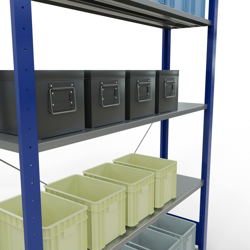 Número de imagen del producto 3: Estantería de cargas pequeñas SCHULTE azul genciana/galvanizada con 5 estantes de chapa de acero, carga por estante 150 kg, HxAxF 2.000 x 1.360 x 336 mm