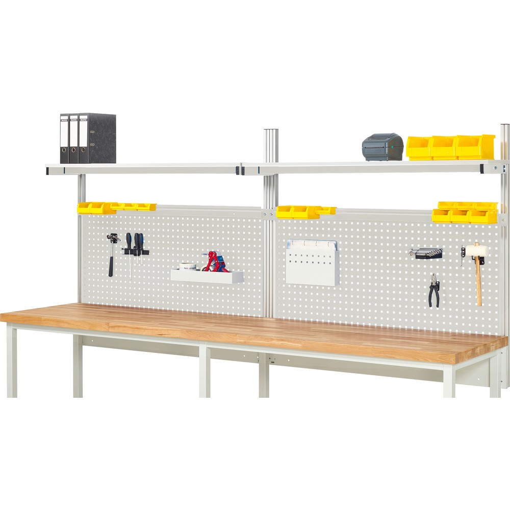Imagen del producto: Estructura de banco de trabajo RAU, HxAxF 1.130 x 3.000 x 350 mm, con 2 estantes elevados de panel con revestimiento de melamina y 2 guía de soporte, kit completo 01 para ancho de producto 3.000 mm