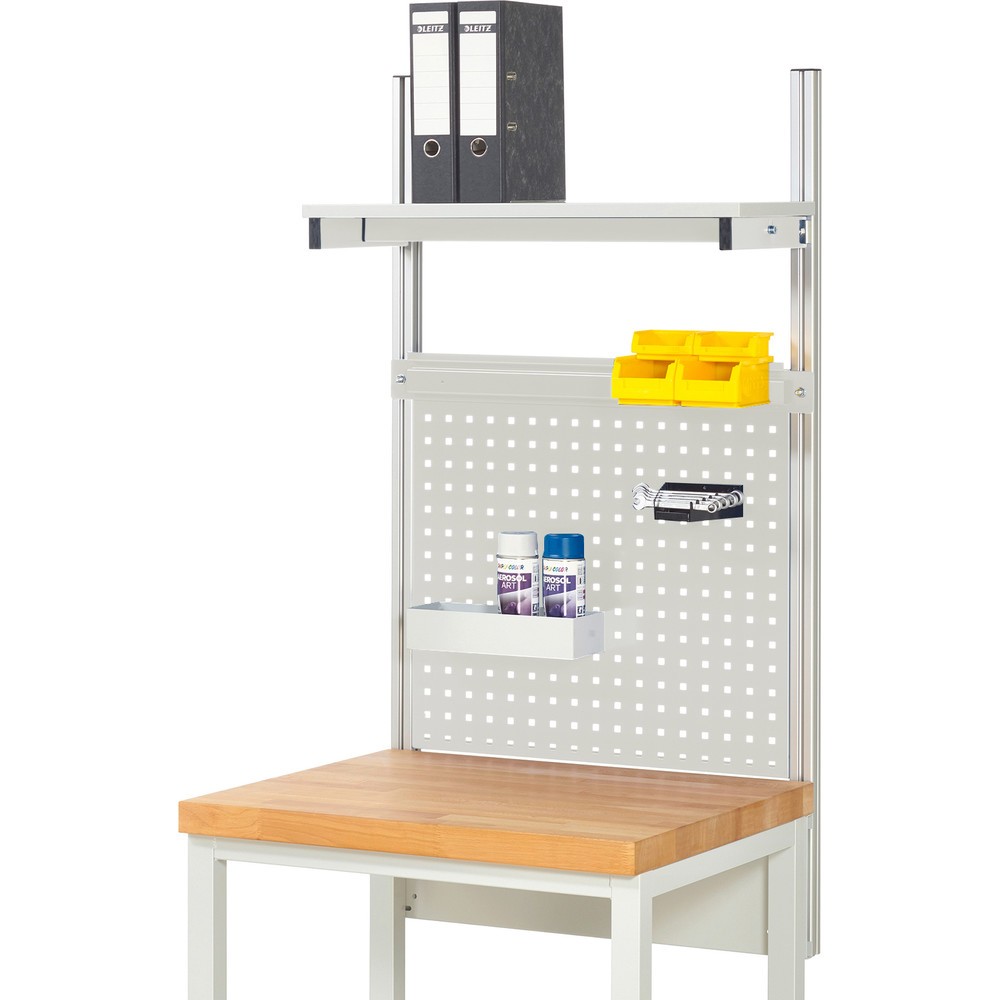 Imagen del producto: Estructura de banco de trabajo RAU, HxAxF 1.130 x 750 x 350 mm, con 1 estante elevado de panel con revestimiento de melamina y 1 guía de soporte, kit completo 01 para ancho de producto 750 mm