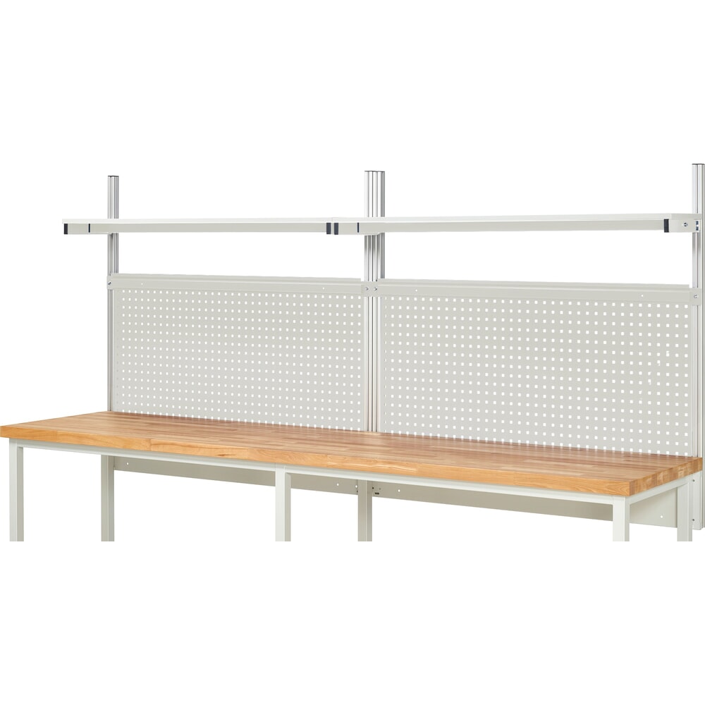 Número de imagen del producto 2: Estructura de banco de trabajo RAU, HxAxF 1.130 x 3.000 x 350 mm, con 2 estantes elevados de panel con revestimiento de melamina y 2 guía de soporte, kit completo 01 para ancho de producto 3.000 mm