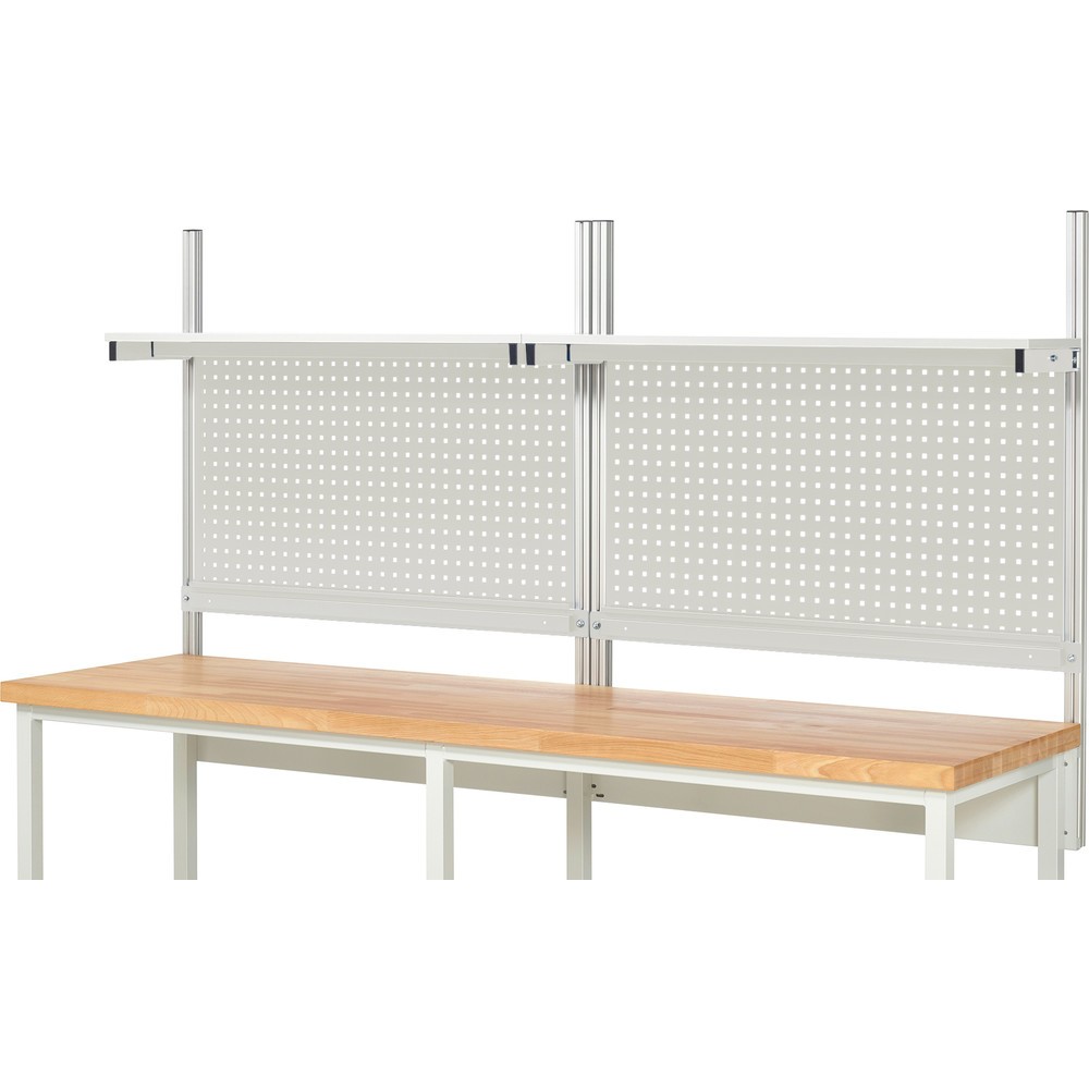 Número de imagen del producto 2: Estructura de banco de trabajo RAU, HxAxF 1.130 x 2.500 x 350 mm, con 2 estantes elevados de panel con revestimiento de melamina y 2 guía de soporte, kit completo 01 para ancho de producto 2.500 mm