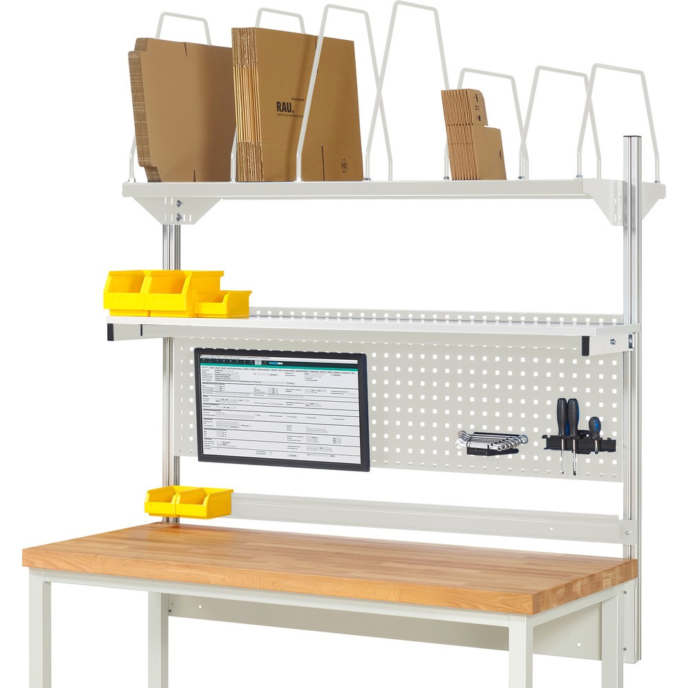Imagen del producto: Estructura banco de trabajo RAU, H x A x F 1.130 x 1.500 x 350 mm, con 1 estante elevado, 1 guía de soporte y 1 soporte de pantalla plana, kit completo 03 para anchura de productos de 2.000 mm