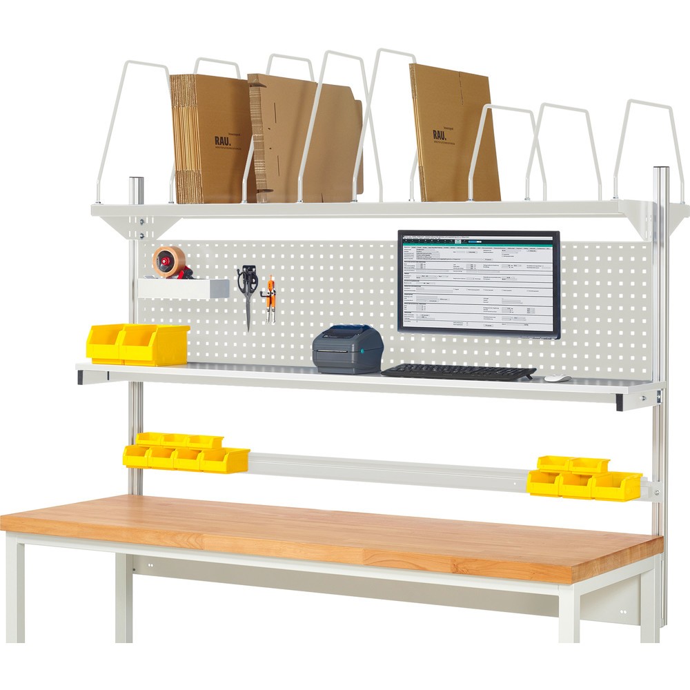 Imagen del producto: Estructura banco de trabajo RAU, H x A x F 1.130 x 2.000 x 350 mm, con 1 estante elevado, 1 guía de soporte y 1 soporte de pantalla plana, kit completo 03 para anchura de productos de 1.500 mm