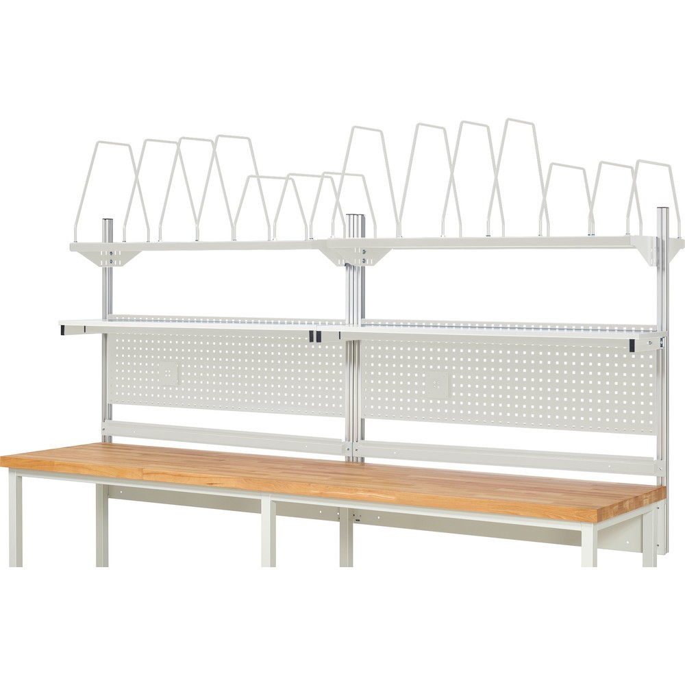 Número de imagen del producto 2: Estructura banco de trabajo RAU, H x A x F 1.130 x 3.000 x 350 mm, con 2 estantes elevados, 2 guías de soporte y 2 soportes de pantalla plana, kit completo 03 para anchura de productos de 3.000 mm
