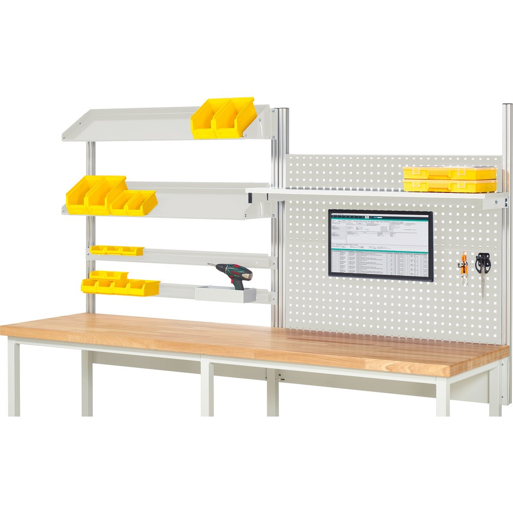Imagen del producto: Estructura de banco de trabajo RAU, HxAxF 1.130 x 2.500 x 350 mm, con 1 estante elevado, 2 guías de soporte, 2 bandejas metálicas inclinables y 1 soporte de pantalla plana, kit completo 05 para ancho de producto 2.500 mm