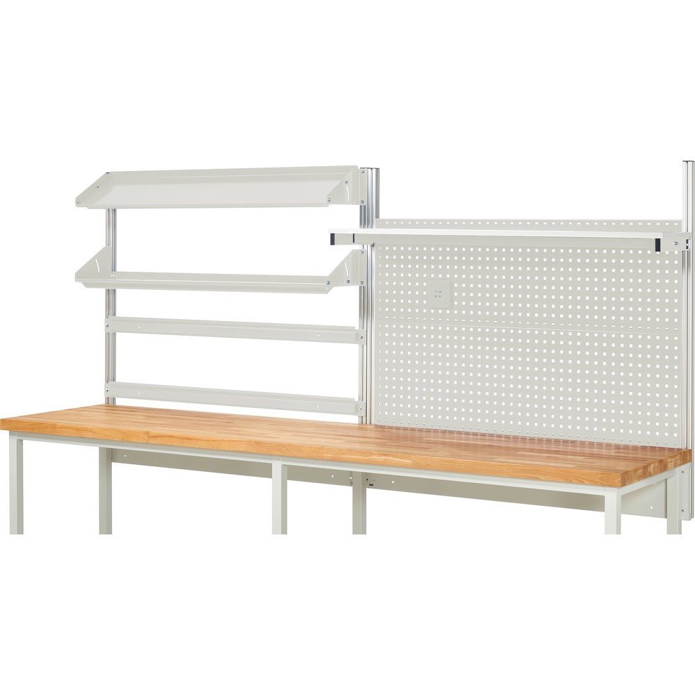 Número de imagen del producto 2: Estructura de banco de trabajo RAU, HxAxF 1.130 x 3.000 x 3.000 mm, con 1 estante elevado, 2 guías de soporte, 2 bandejas metálicas inclinables y 1 soporte de pantalla plana, kit completo 05 para ancho de producto 3.000 mm