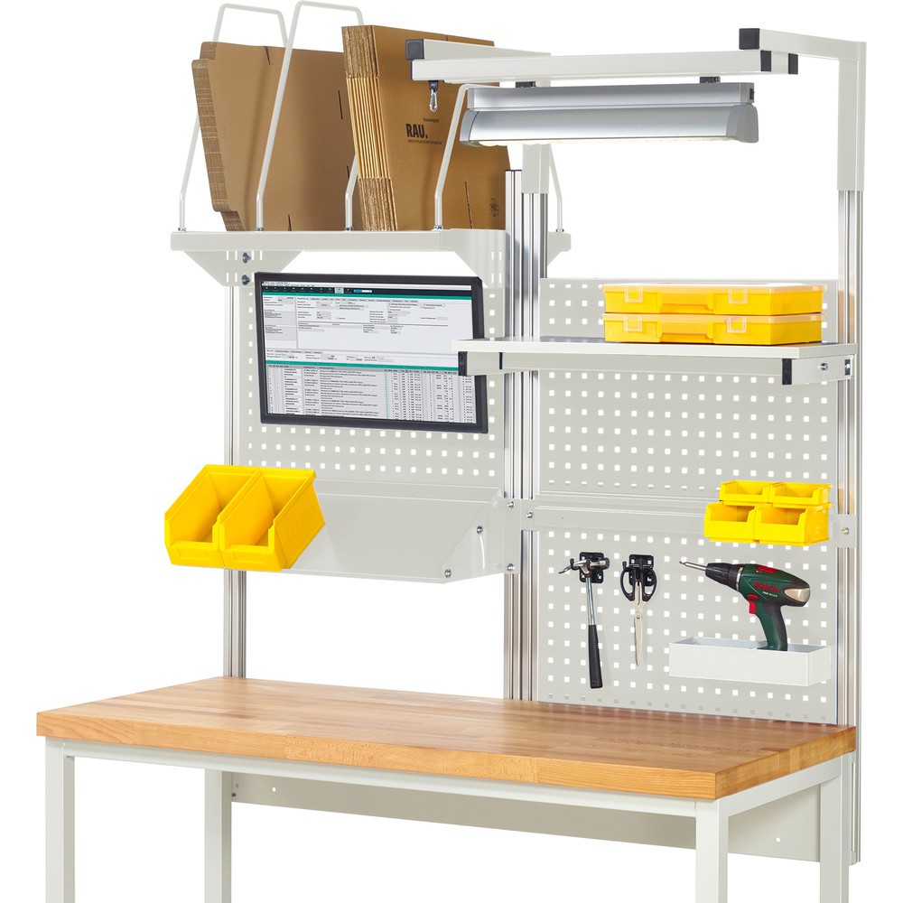Imagen del producto: Estructura de banco de trabajo RAU, HxAxF 1.380 x 1.500 x 1.500 mm, con 1 estante elevado, 1 guía de soporte, 1 bandeja metálica inclinable, 1 soporte de pantalla plana y 1 lámpara, kit completo 06 para ancho de producto 1.500 mm