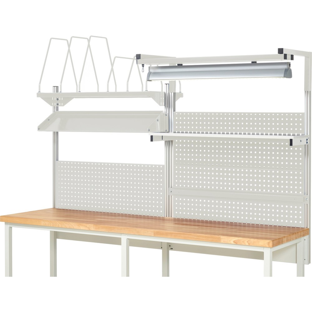 Número de imagen del producto 2: Estructura de banco de trabajo RAU, HxAxF 1.380 x 2.500 x 2.500 mm, con 1 estante elevado, 1 guía de soporte, 1 bandeja metálica inclinable, 1 soporte de pantalla plana y 1 lámpara, kit completo 06 para ancho de producto 2.500 mm