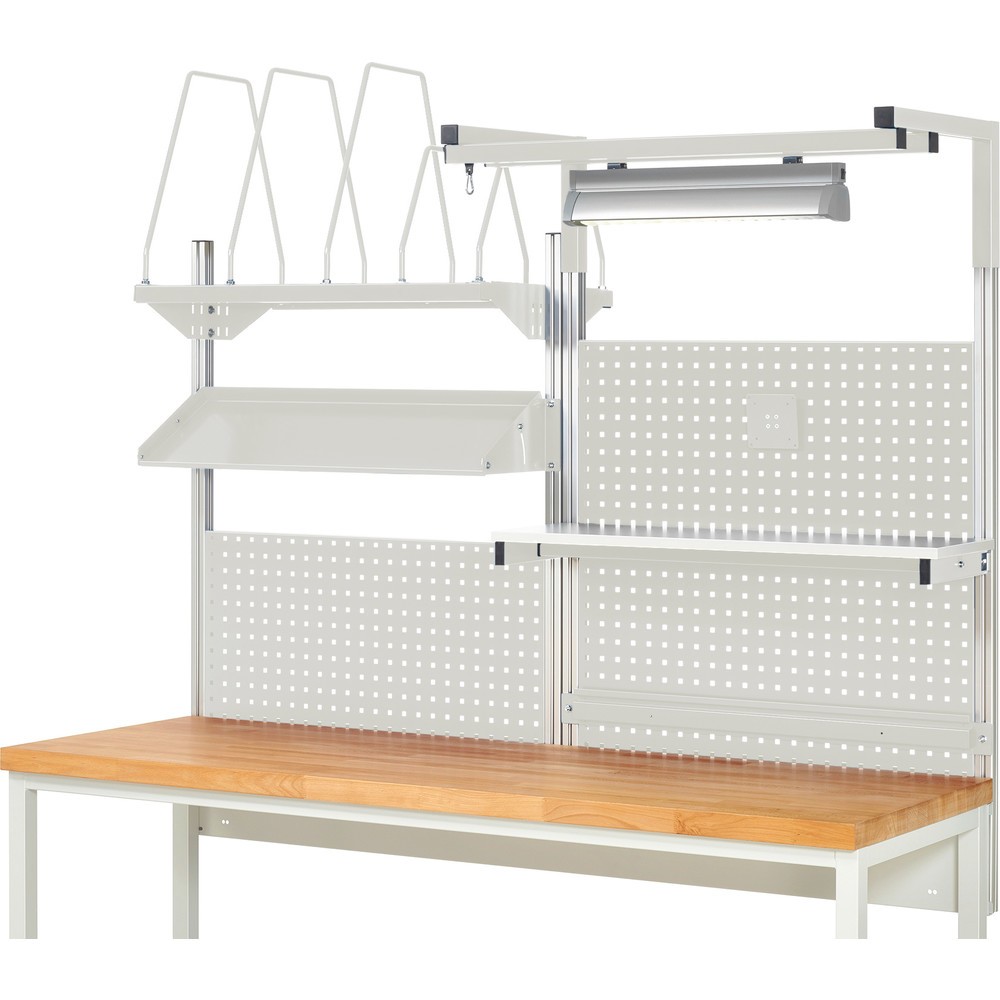 Número de imagen del producto 2: Estructura de banco de trabajo RAU, HxAxF 1.380 x 2.000 x 2.000 mm, con 1 estante elevado, 1 guía de soporte, 1 bandeja metálica inclinable, 1 soporte de pantalla plana y 1 lámpara, kit completo 06 para ancho de producto 2.000 mm