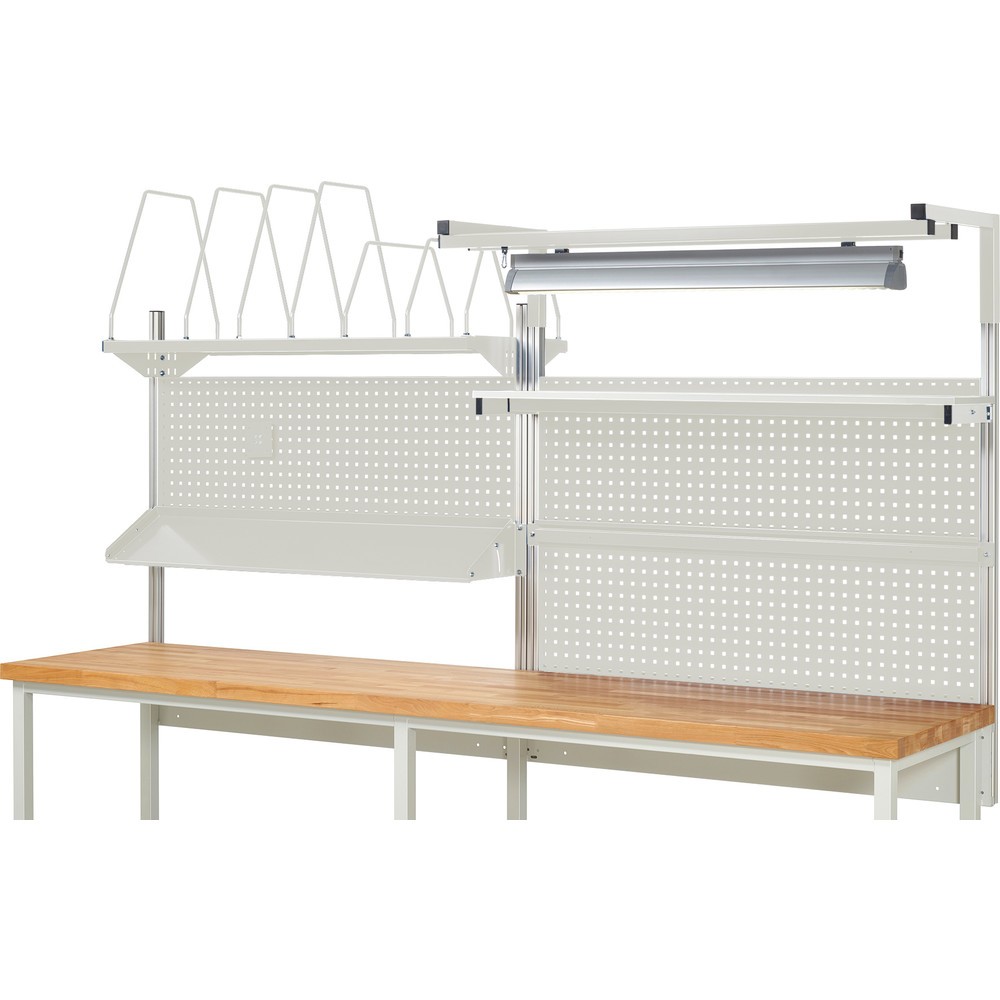 Número de imagen del producto 2: Estructura de banco de trabajo RAU, HxAxF 1.380 x 3.000 x 3.000 mm, con 1 estante elevado, 1 guía de soporte, 1 bandeja metálica inclinable, 1 soporte de pantalla plana y 1 lámpara, kit completo 06 para ancho de producto 3.000 mm