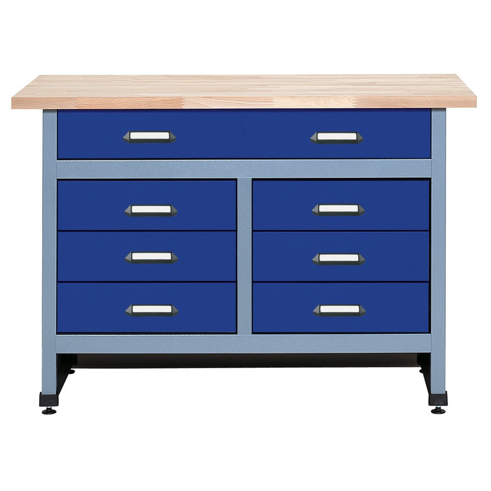 Illustration du produit: Établi avec 6 tiroirs de petite taille et un grand tiroir, l x P, 1 200 x 600 mm, bleu