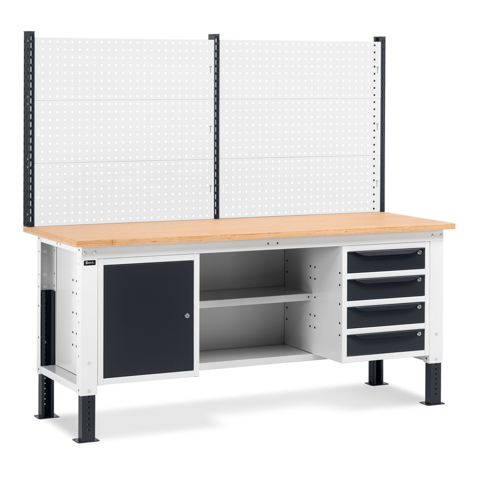 N° de l'image du produit 1 : Établi Fami, réglable en Hauteur de construction, avec Mur multifonction, 4 tiroirs, Armoire, Paroi arrière avec 2 étagères, capacité de charge 1 000 kg, HxLxP 740-1,110 x 2 000 x 750 mm, gris clair/RAL 7016 gris anthracite RAL 7016