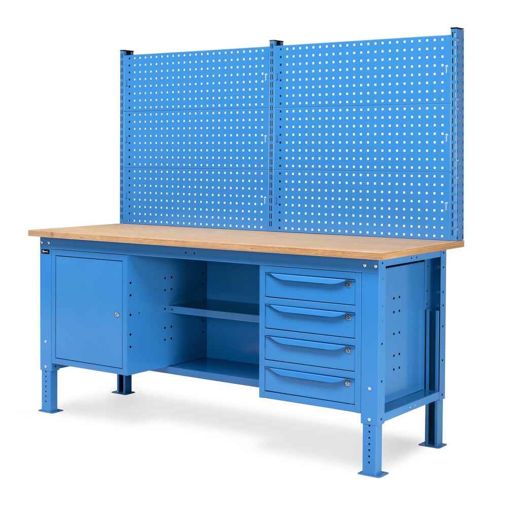 N° de l'image du produit 3 : Établi Fami, réglable en Hauteur de construction, avec Mur multifonction, 4 tiroirs, Armoire, Paroi arrière avec 2 étagères, capacité de charge 1 000 kg, HxLxP 740-1,110 x 2 000 x 750 mm, RAL 5012 bleu clair