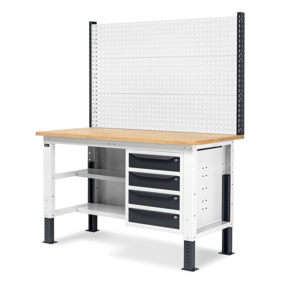 N° de l'image du produit 4 : Établi Fami, réglable en Hauteur de construction, avec Mur multifonction, 4 tiroirs, Paroi arrière avec 2 étagères, capacité de charge 1 000 kg, HxLxP 740-1,110 x 1 500 x 750 mm, gris clair/RAL 7016 gris anthracite RAL 7016