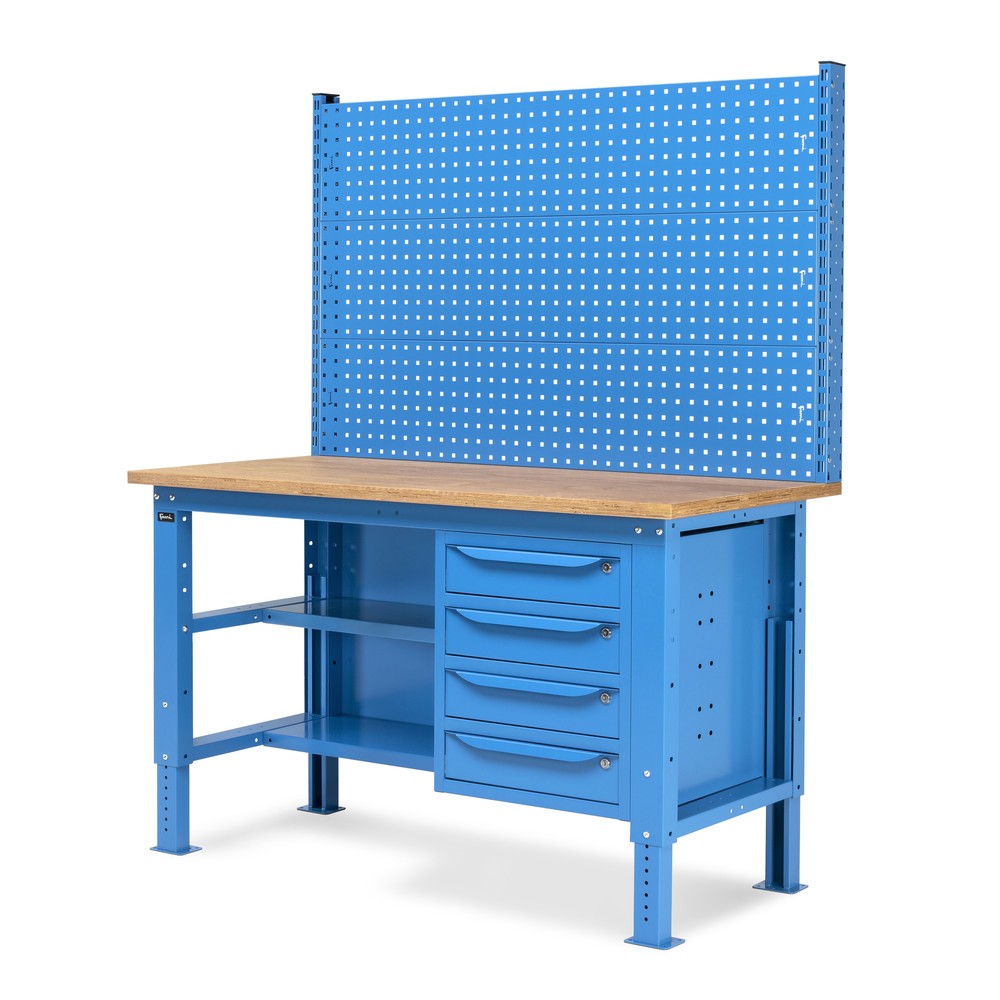N° de l'image du produit 3 : Établi Fami, réglable en Hauteur de construction, avec Mur multifonction, 4 tiroirs, Paroi arrière avec 2 étagères, capacité de charge 1 000 kg, HxLxP 740-1,110 x 1500 x 750 mm, RAL 5012 bleu clair