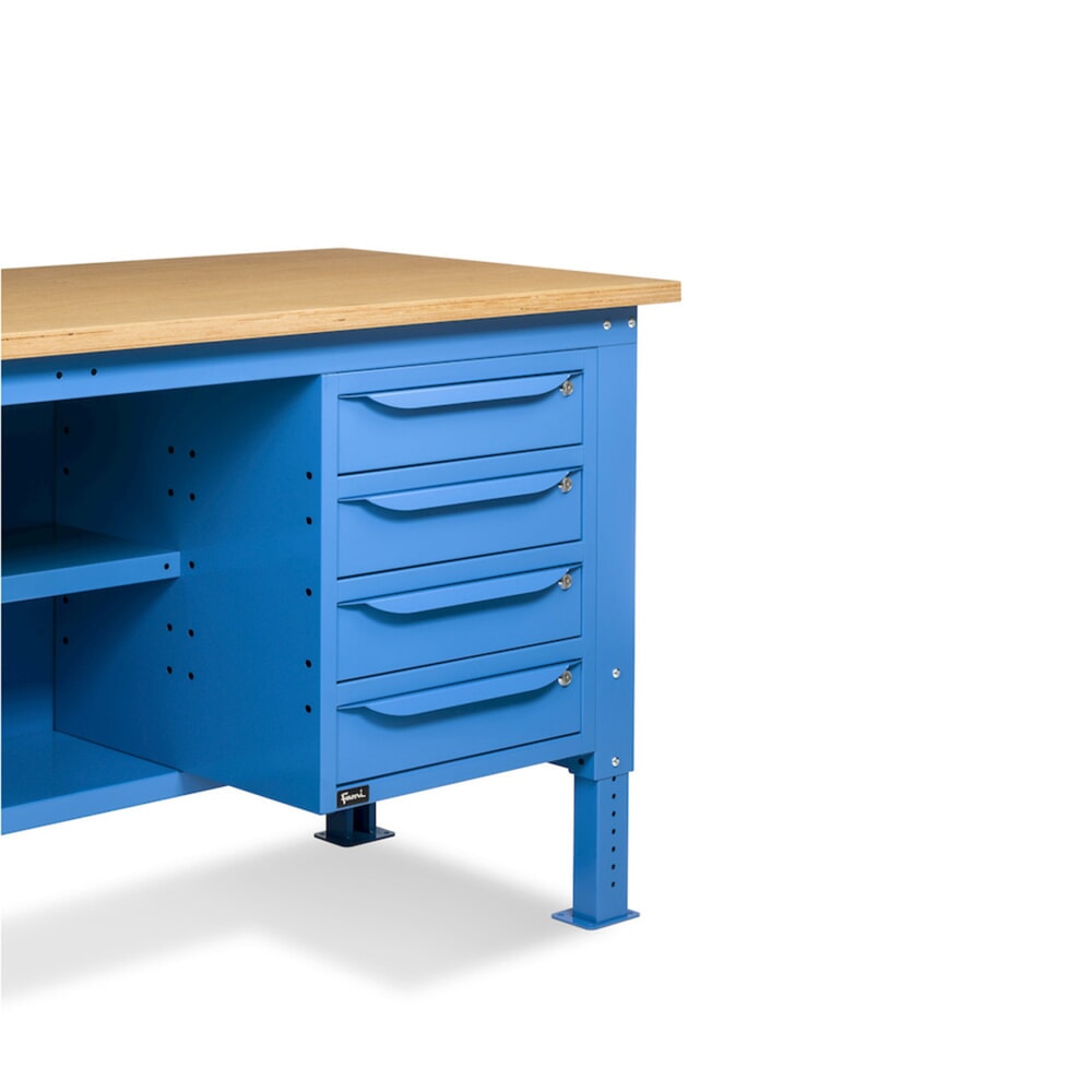 N° de l'image du produit 9 : Établi Fami, réglable en Hauteur de construction, 4 tiroirs, Paroi arrière et 2 étagères, capacité de charge 1 000 kg, HxLxP 740-1,110 x 1500 x 750 mm, RAL 5012 bleu clair