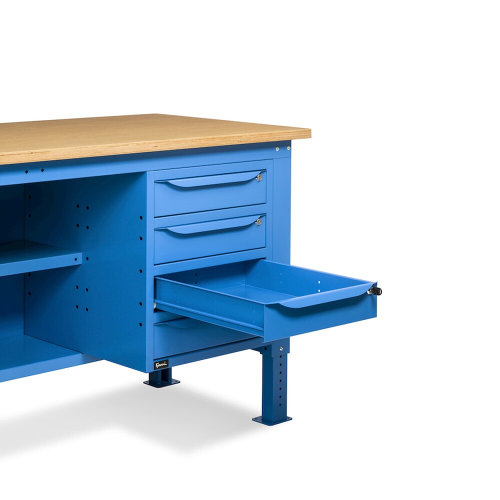 N° de l'image du produit 10 : Établi Fami, réglable en Hauteur de construction, 4 tiroirs, Paroi arrière et 2 étagères, capacité de charge 1 000 kg, HxLxP 740-1,110 x 1500 x 750 mm, RAL 5012 bleu clair