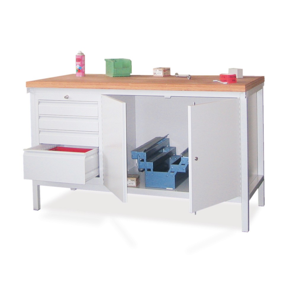 Illustration du produit: Établi PAVOY avec bloc-tiroir + armoire, H x l x P 900 x 1 500 x 700 mm, gris clair, bleu gentiane