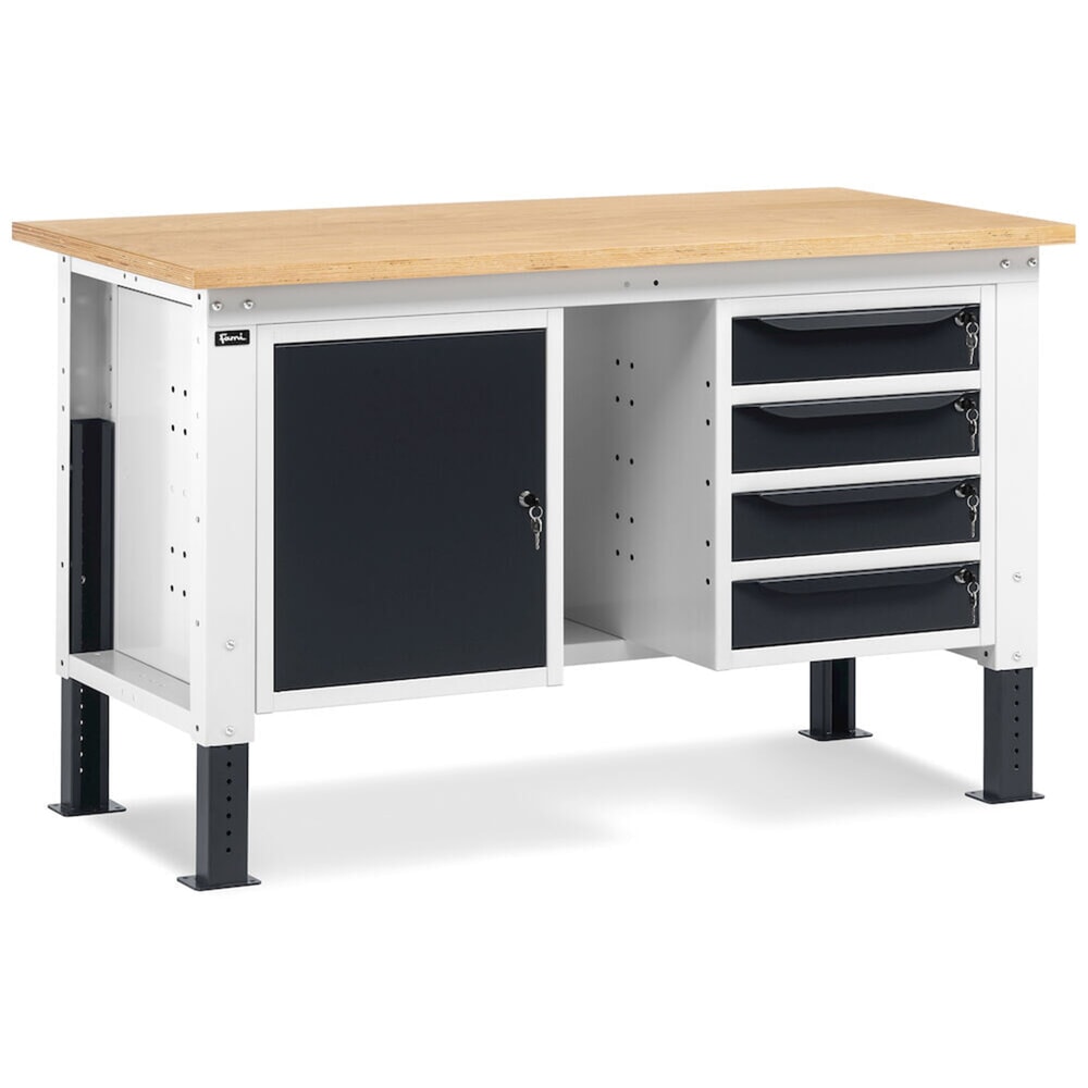 N° de l'image du produit 8 : Établi Fami, réglable en Hauteur de construction, 4 tiroirs (espace) et 1 Armoire, capacité de charge 1 000 kg, HxLxP 740-1,110 x 1 500 x 750 mm, gris clair/RAL 7016 gris anthracite RAL 7016