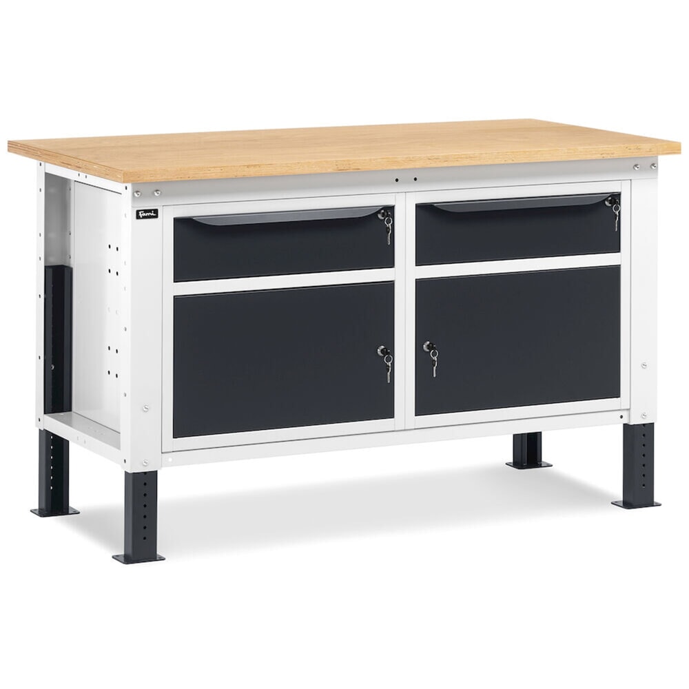 N° de l'image du produit 8 : Établi Fami, réglable en Hauteur de construction, 2 tiroirs et 2 armoires, capacité de charge 1 000 kg, HxLxP 740-1,110 x 1 500 x 750 mm, gris clair/RAL 7016 gris anthracite