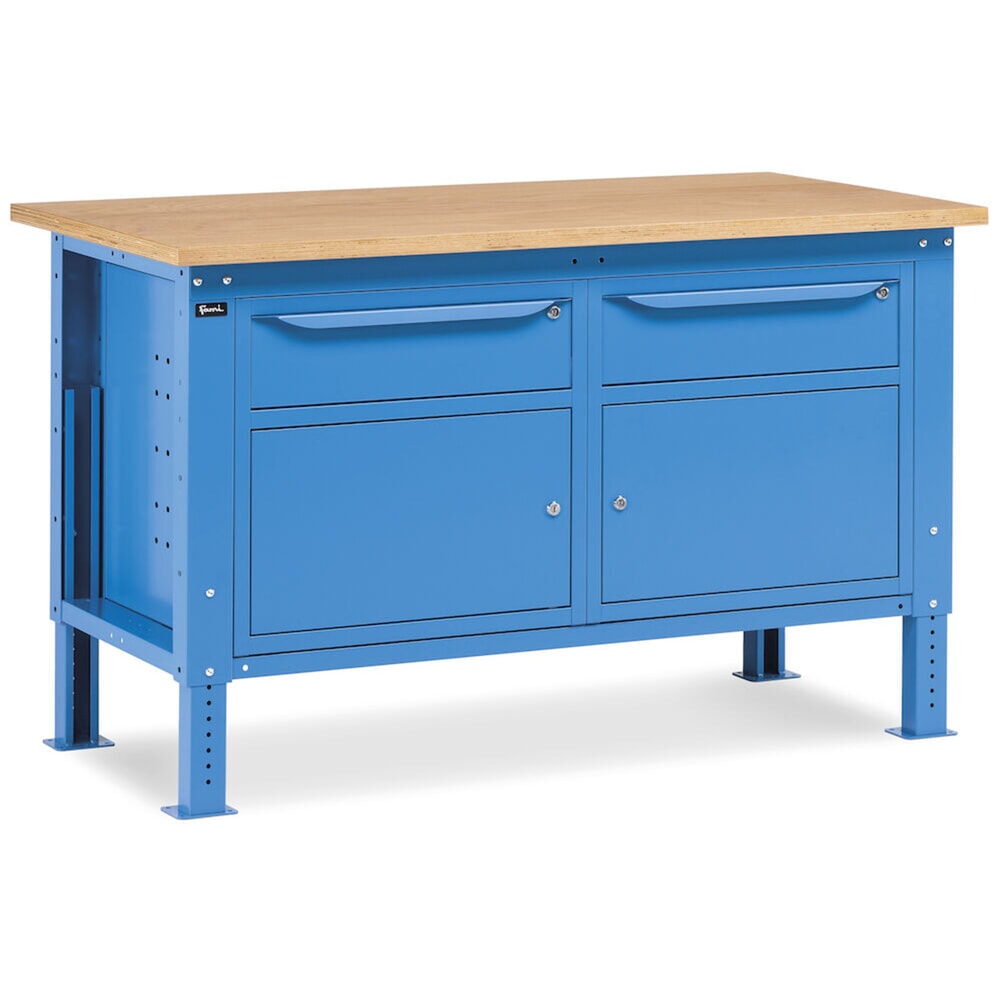 N° de l'image du produit 8 : Établi Fami, réglable en Hauteur de construction, 2 tiroirs et 2 placards, capacité de charge 1 000 kg, HxLxP 740-1,110 x 1 500 x 750 mm, RAL 5012 bleu clair