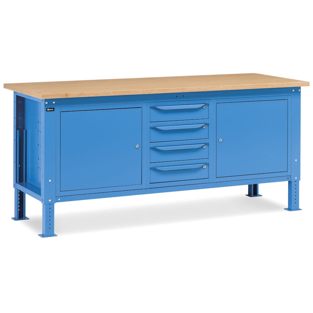 N° de l'image du produit 8 : Établi Fami, réglable en Hauteur de construction, 4 tiroirs et 2 placards, capacité de charge 1 000 kg, HxLxP 740-1,110 x 2 000 x 750 mm, RAL 5012 bleu clair
