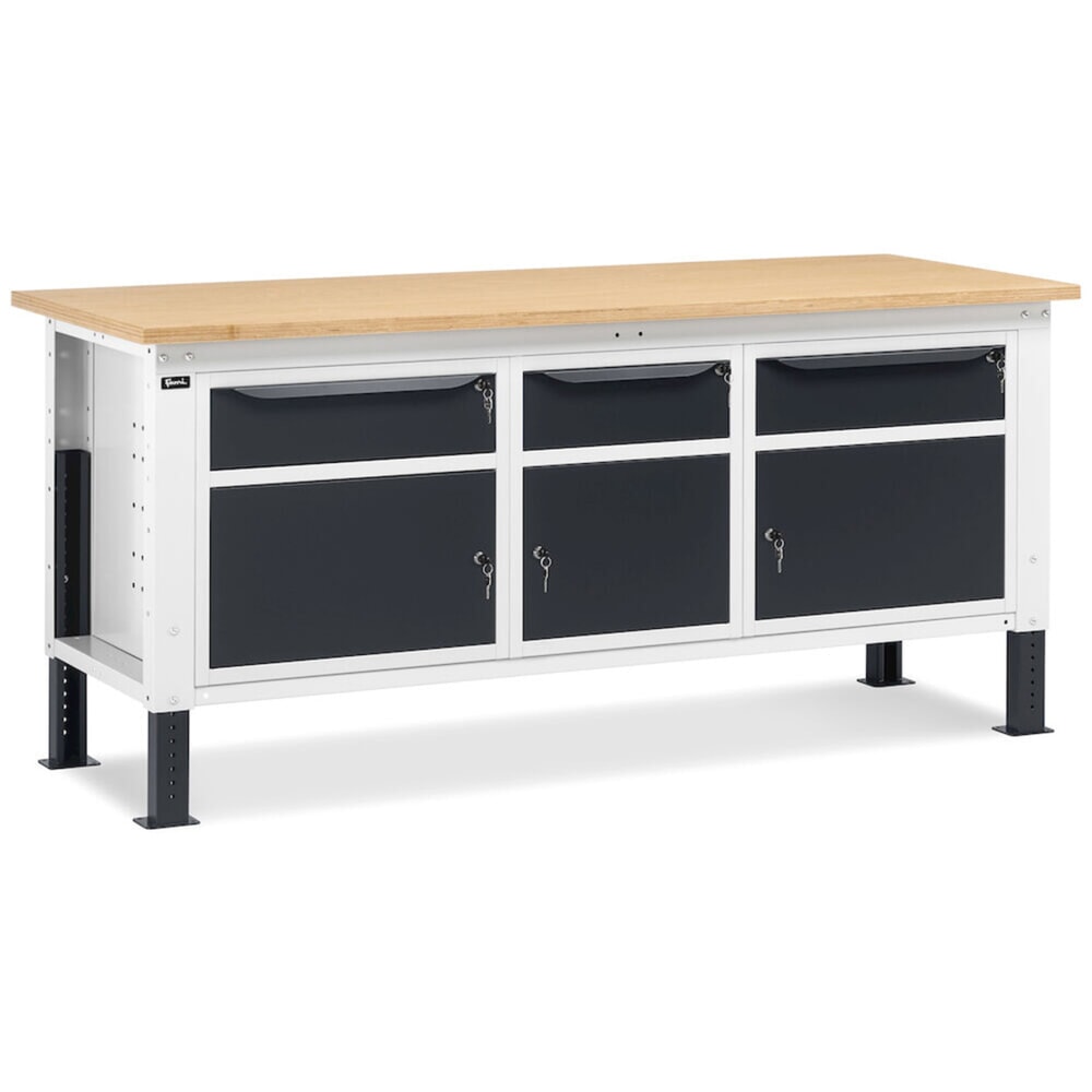 N° de l'image du produit 8 : Établi Fami, réglable en Hauteur de construction, 3 tiroirs et 3 armoires, capacité de charge 1 000 kg, HxLxP 740-1,110 x 2 000 x 750 mm, gris clair RAL 7035 /gris anthracite RAL 7016