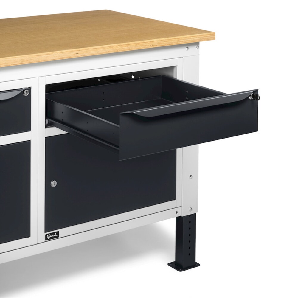N° de l'image du produit 10 : Établi Fami, réglable en Hauteur de construction, 2 tiroirs et 2 armoires, capacité de charge 1 000 kg, HxLxP 740-1,110 x 1 500 x 750 mm, gris clair/RAL 7016 gris anthracite