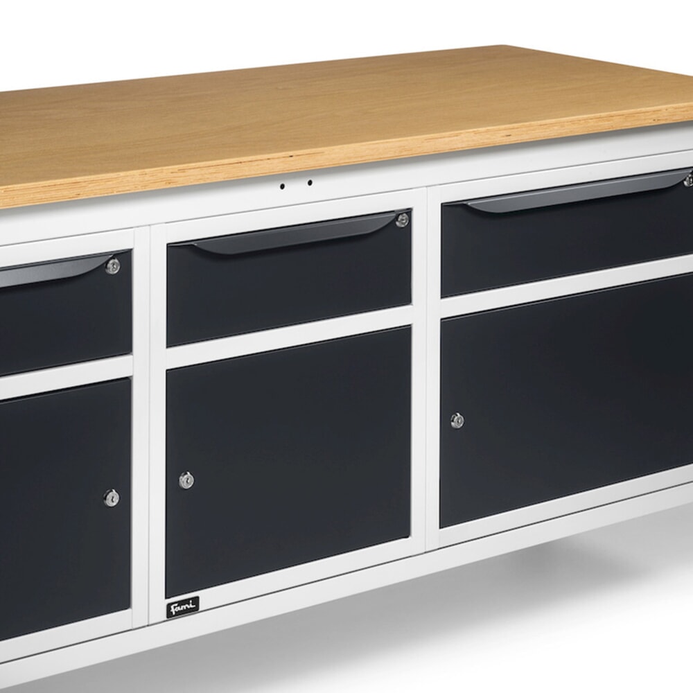 N° de l'image du produit 9 : Établi Fami, réglable en Hauteur de construction, 3 tiroirs et 3 armoires, capacité de charge 1 000 kg, HxLxP 740-1,110 x 2 000 x 750 mm, gris clair RAL 7035 /gris anthracite RAL 7016