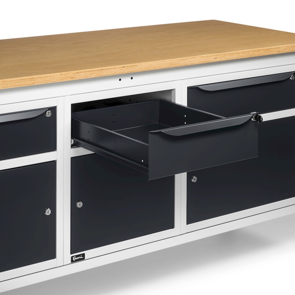 N° de l'image du produit 10 : Établi Fami, réglable en Hauteur de construction, 3 tiroirs et 3 armoires, capacité de charge 1 000 kg, HxLxP 740-1,110 x 2 000 x 750 mm, gris clair RAL 7035 /gris anthracite RAL 7016