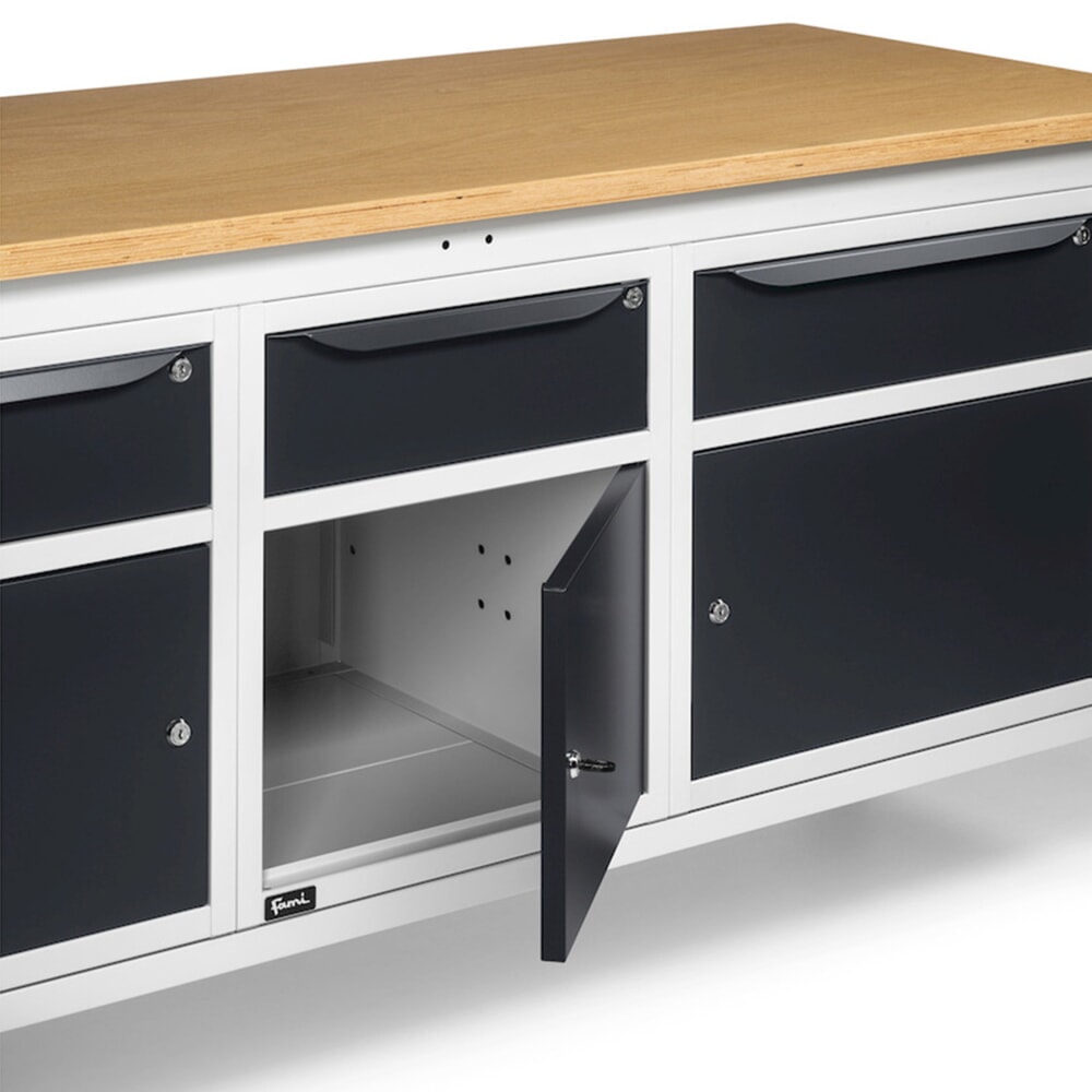 N° de l'image du produit 11 : Établi Fami, réglable en Hauteur de construction, 3 tiroirs et 3 armoires, capacité de charge 1 000 kg, HxLxP 740-1,110 x 2 000 x 750 mm, gris clair RAL 7035 /gris anthracite RAL 7016