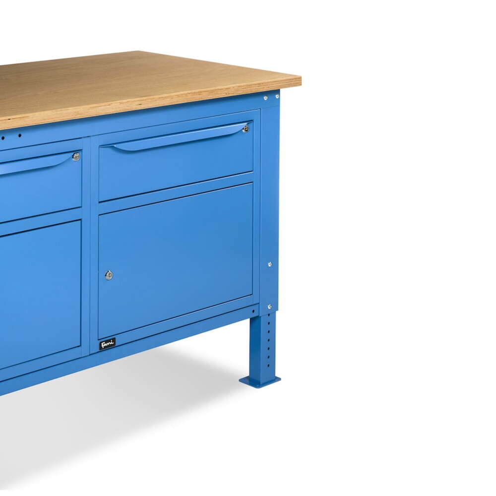 N° de l'image du produit 9 : Établi Fami, réglable en Hauteur de construction, 2 tiroirs et 2 placards, capacité de charge 1 000 kg, HxLxP 740-1,110 x 1 500 x 750 mm, RAL 5012 bleu clair