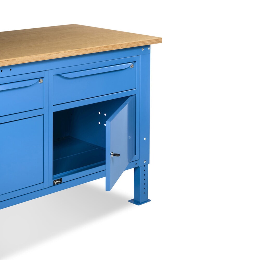 N° de l'image du produit 11 : Établi Fami, réglable en Hauteur de construction, 2 tiroirs et 2 placards, capacité de charge 1 000 kg, HxLxP 740-1,110 x 1 500 x 750 mm, RAL 5012 bleu clair