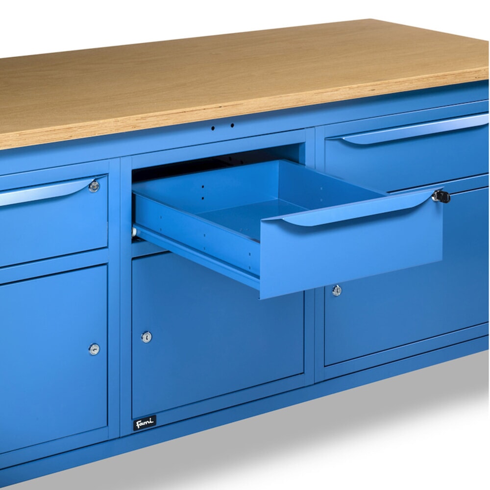 N° de l'image du produit 10 : Établi Fami, réglable en Hauteur de construction, 3 tiroirs et 3 armoires, capacité de charge 1 000 kg, HxLxP 740-1,110 x 2 000 x 750 mm, RAL 5012 bleu clair
