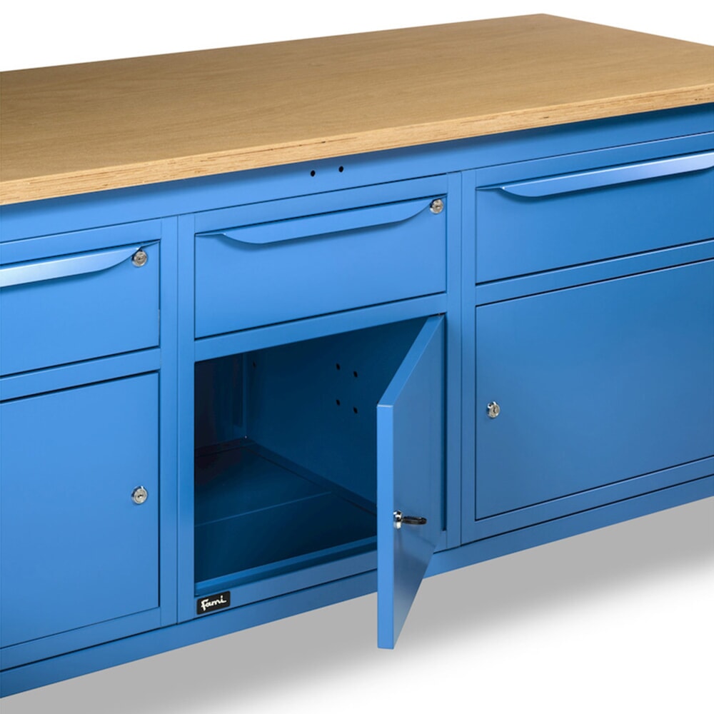 N° de l'image du produit 11 : Établi Fami, réglable en Hauteur de construction, 3 tiroirs et 3 armoires, capacité de charge 1 000 kg, HxLxP 740-1,110 x 2 000 x 750 mm, RAL 5012 bleu clair